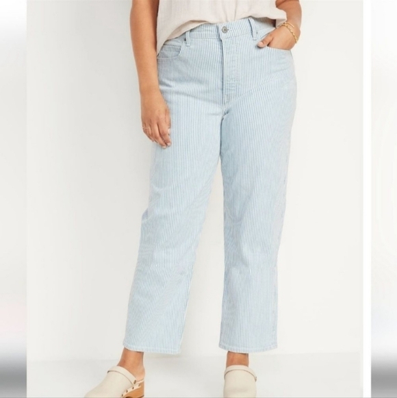 Old Navy Extra High Rise Jeans Women's 4 Sky Hi Straight Blue Striped Button Fly - Picture 1 of 16
